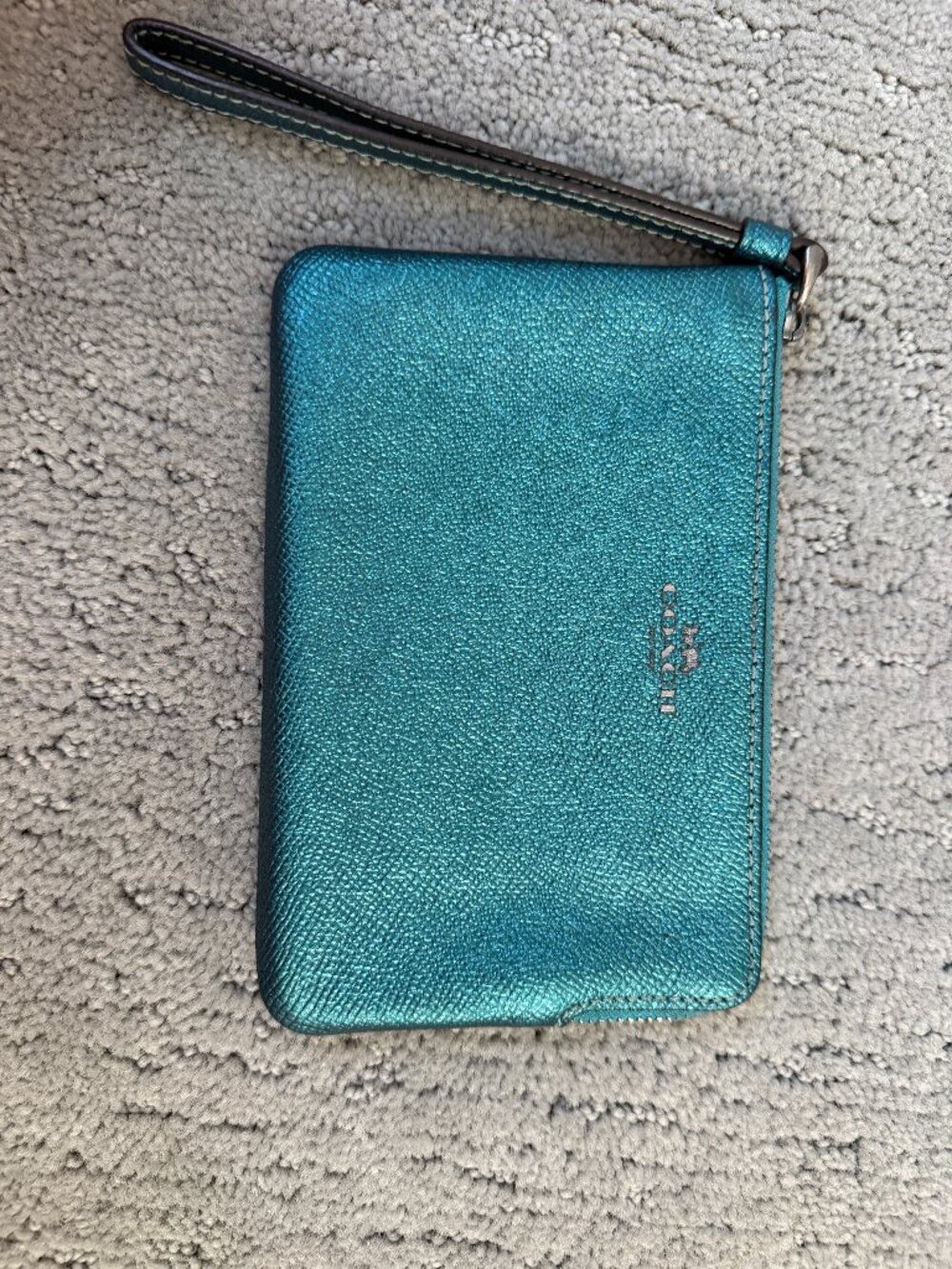Coach Metallic Dark Teal Corner Zip Wristlet Wallet